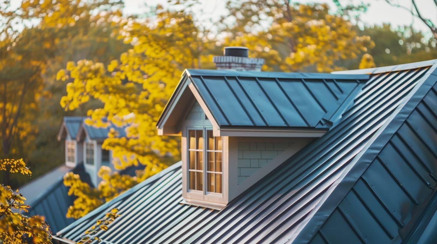 Teal standing-seam metal roof with a dormer window