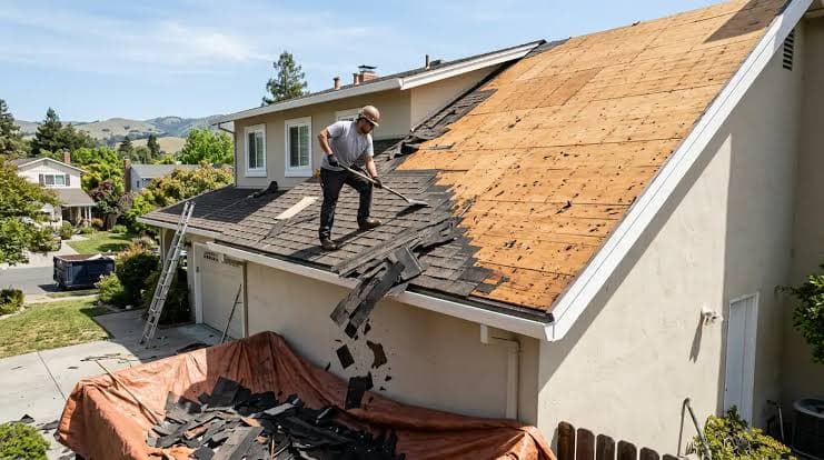 Roofing Direct crew completing a full residential tear-off down to the decking