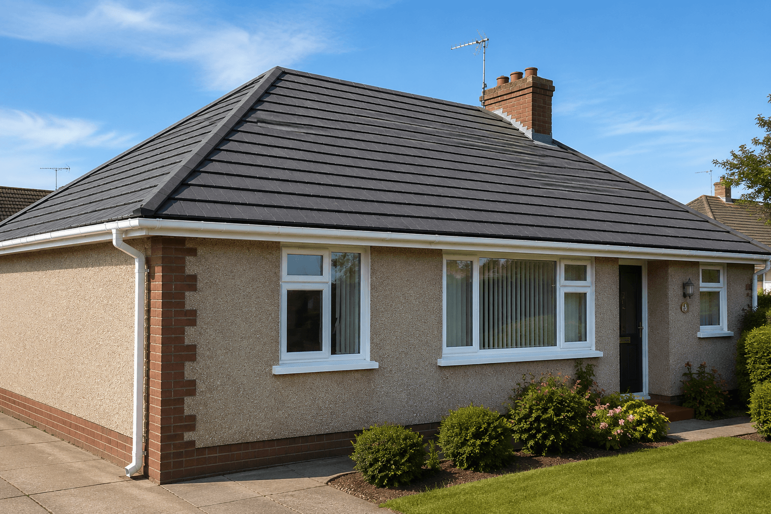 Home with a newly completed dark tile roof, garden in bloom under a blue sky