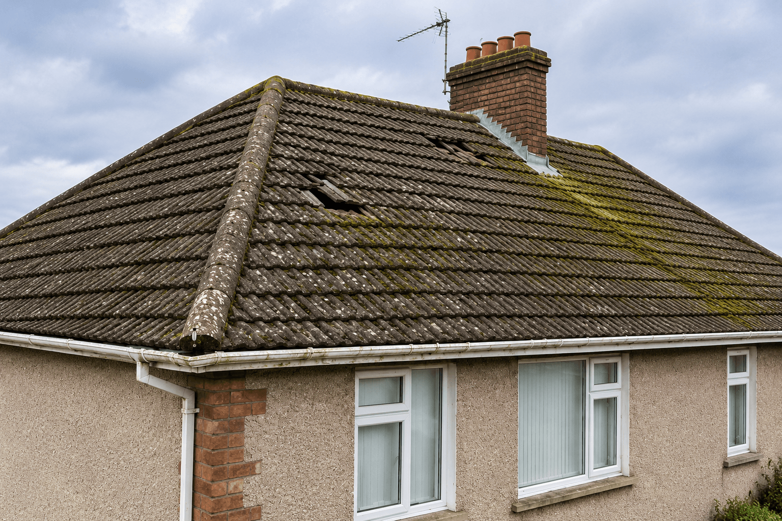 Bungalow roof before replacement, its tiles darkened and thick with moss