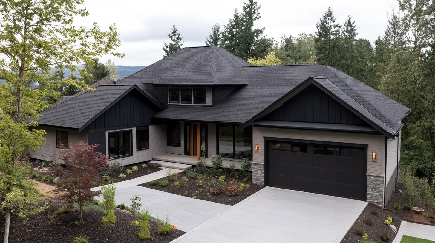 Modern home with a dark architectural shingle roof, seen from the driveway