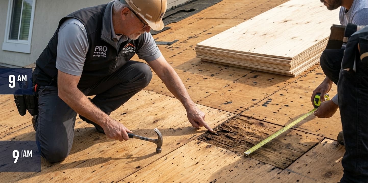 Roofer kneeling on stripped decking, marking a damaged board for replacement