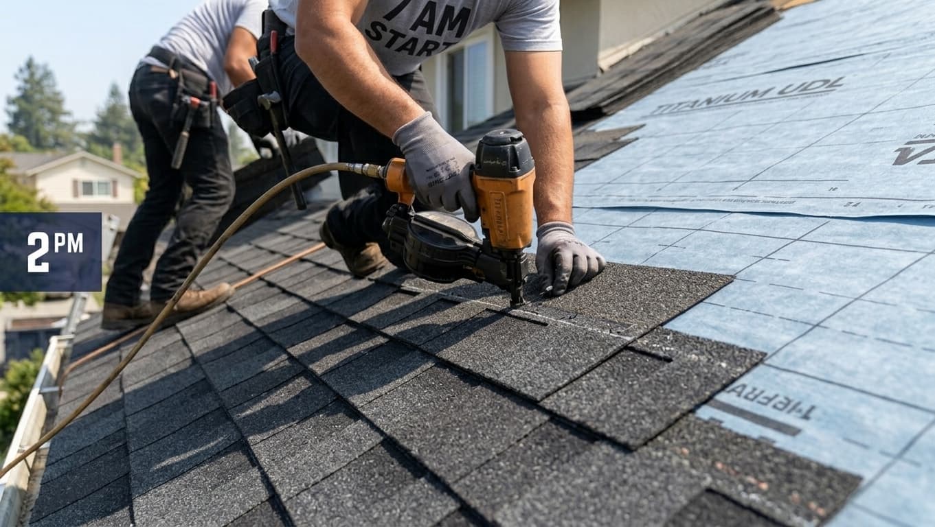 Roofer nailing a new course of architectural shingles into place