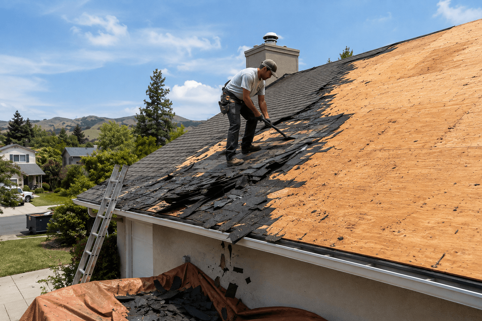 Roofer stripping old shingles off a roof, bare decking exposed behind him