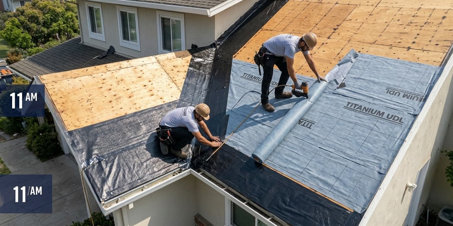Two roofers rolling synthetic underlayment across a prepared roof deck