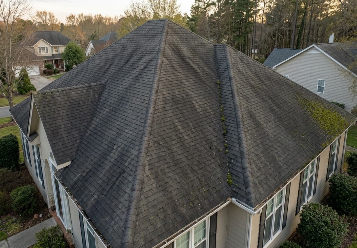 Storm-worn shingle roof seen from above, the kind an insurance claim covers