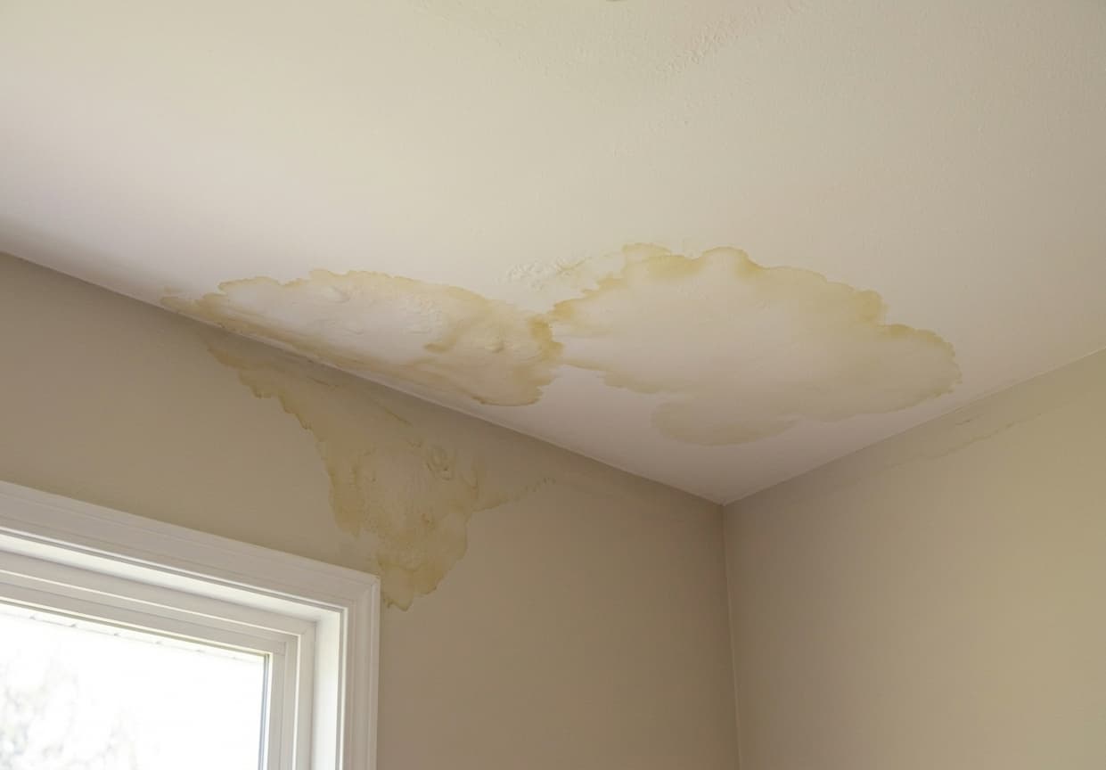 Brown water stain spreading across a ceiling where a roof leak has got in