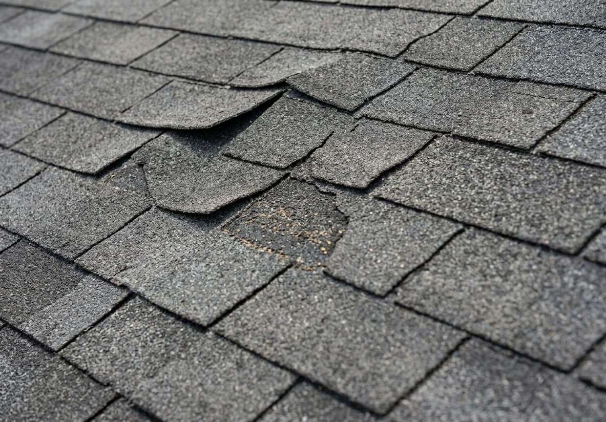 Close-up of grey asphalt shingles lifting and curling at the edges, one cracked through to the mat