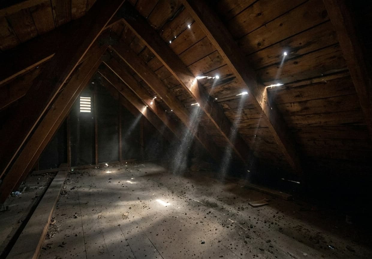 Dark attic interior with shafts of daylight breaking through gaps in the roof boards
