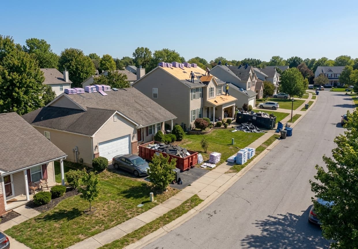 Aerial view of a suburban street with one house mid-re-roof, shingle bundles stacked on the deck and a skip in the driveway