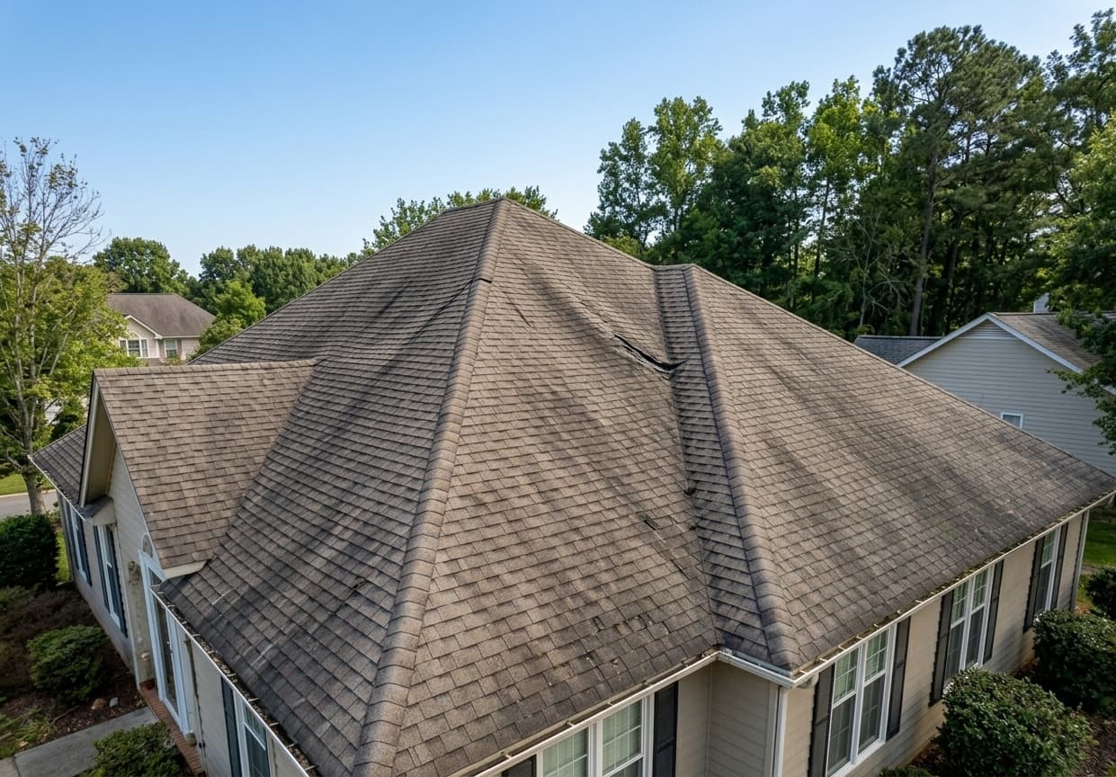 Aerial view of a shingle roof whose ridge and hip lines dip and wave where the decking has failed